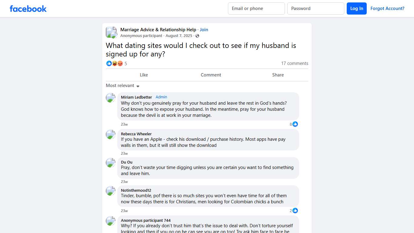 Marriage Advice & Relationship Help | What dating sites would I check out to see if my husband is signed up for any | Facebook
